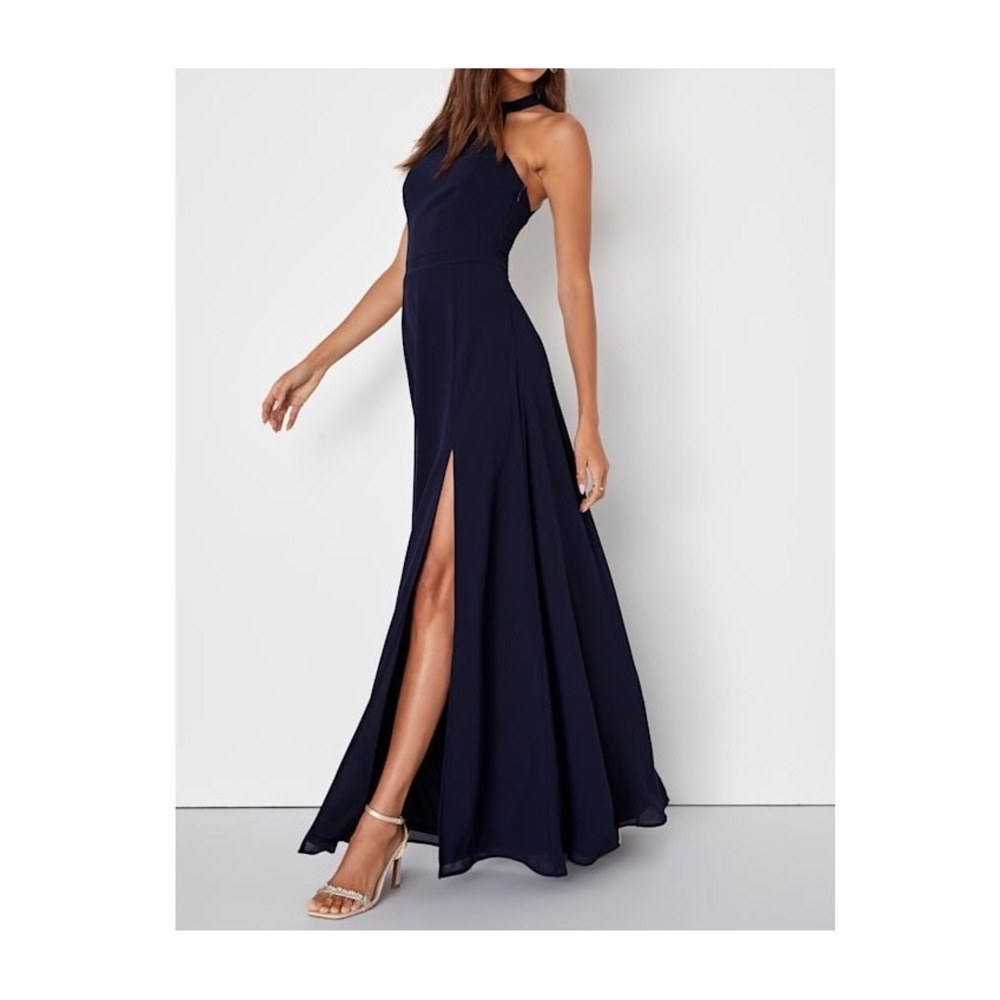 NWT Lulus Confidently Charismatic Navy Blue Backless Halter Maxi Dress XS
